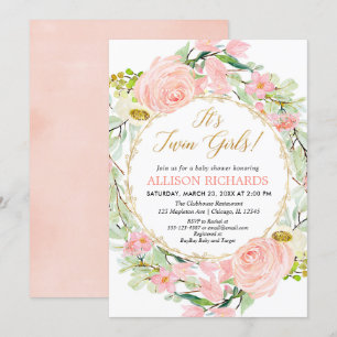 Convite chá de fraldas de meninas gêmeas, blush de ouro 