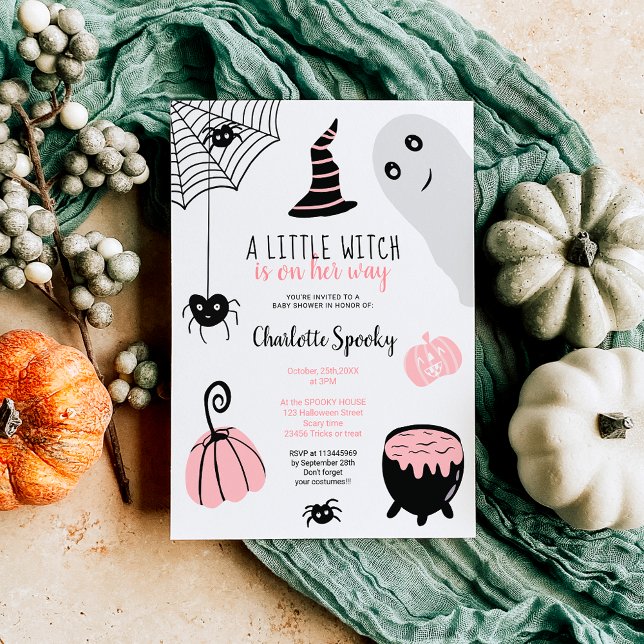 Convite Chá de fraldas de meninas, ilustrado e bem rosa, d (Cute pink Halloween illustrations girl baby shower Invitation)