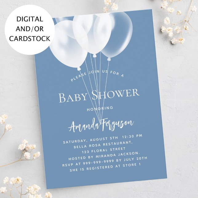 Convite Chá de fraldas de menino de balões brancos azul-po (Criador carregado)