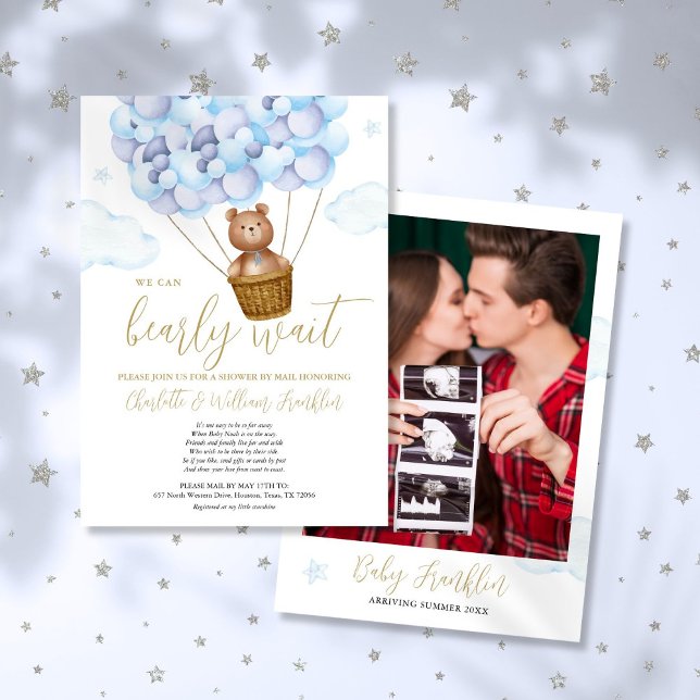 Convite Chá de fraldas De Menino De Espera Por Email (Bearly Wait Boy Baby Shower By Mail Photo Invitation)