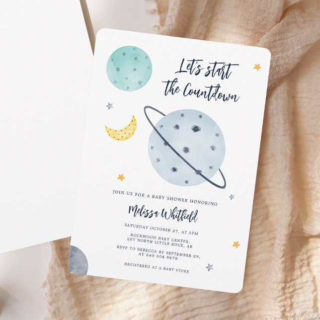 Convite Chá de fraldas de Menino de Script Externo Moderno (Modern Outer Space Script Boy Baby Shower Invitation)