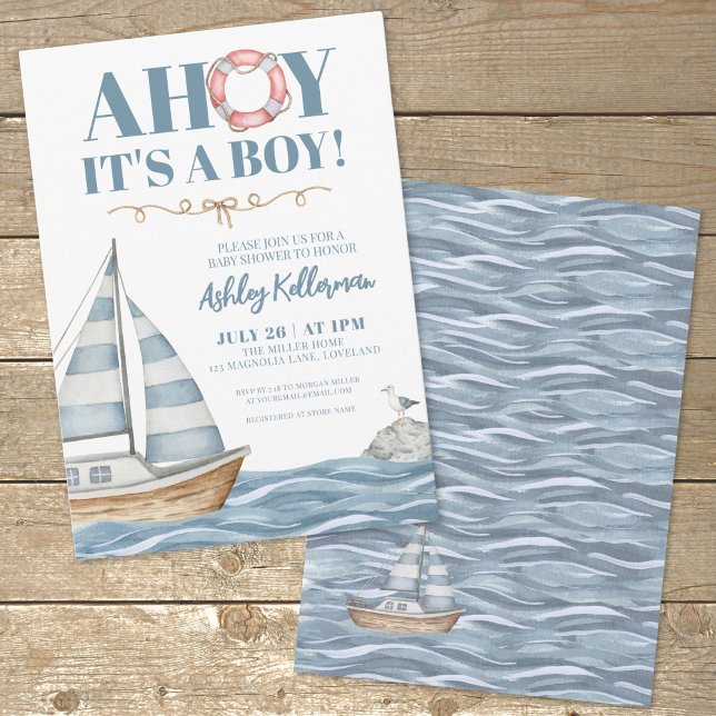 Convite Chá de fraldas de Menino do Oceano Náutico (Sailboat AHOY It's A Boy Baby Shower Invitation )