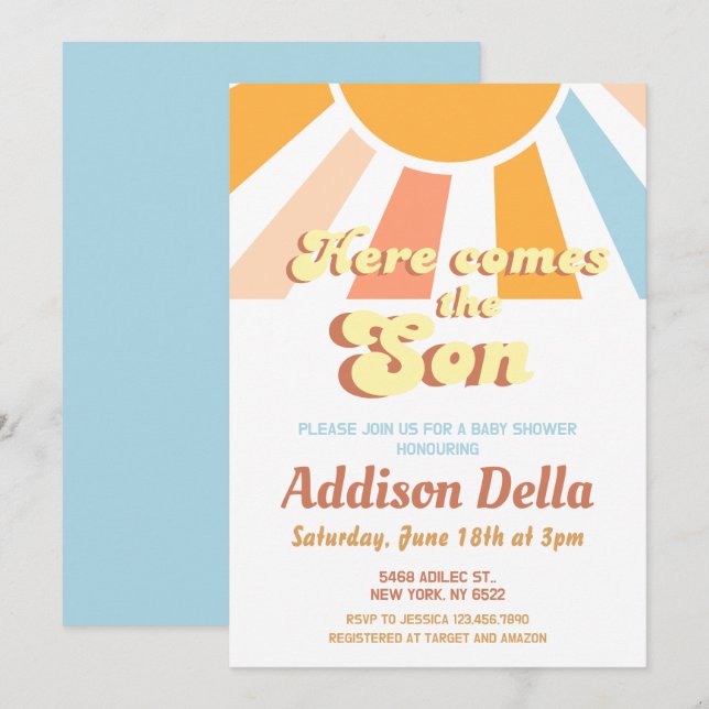 Convite Chá de fraldas de Menino Sonho com Sol Retroativo (Frente/Verso)