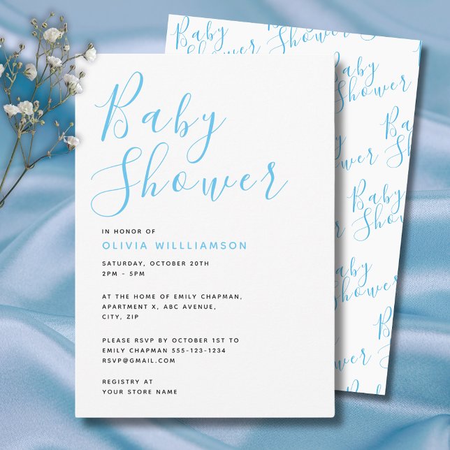 Convite Chá de fraldas de Meninos Azuis Modernos (Simple and elegant, modern blue baby shower invitation with script typography. )