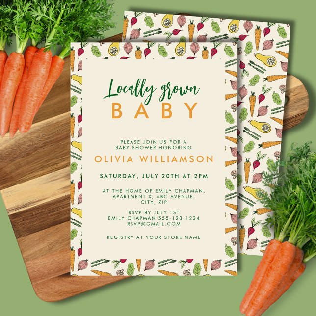 Convite Chá de fraldas De Mercado De Agricultores Cultivad (Locally grown baby shower invitation for gender neutral farmers market vegetable theme.)