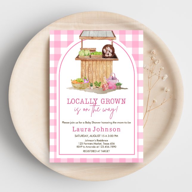 Convite Chá de fraldas De Mercado Dos Agricultores Cultiva (Pink Farmers Market Locally Grown Baby Shower Invitation)