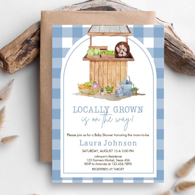 Convite Chá de fraldas de Mercado para Agricultores Cultiv (Blue Farmers Market Locally Grown Baby Shower Invitation)