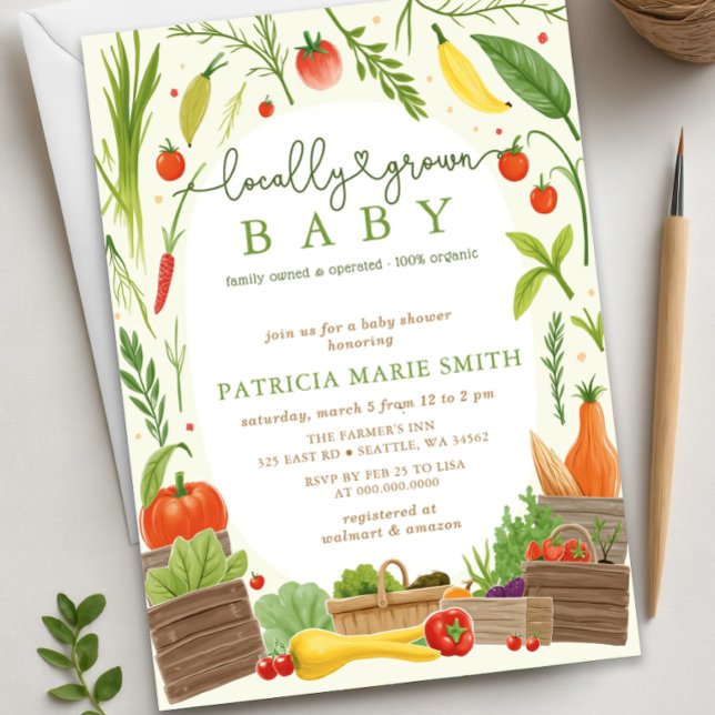 Convite Chá de fraldas De Mercado Para Criadores De Bebês  (Locally Grown Baby Farmers Market Baby Shower Invitation)