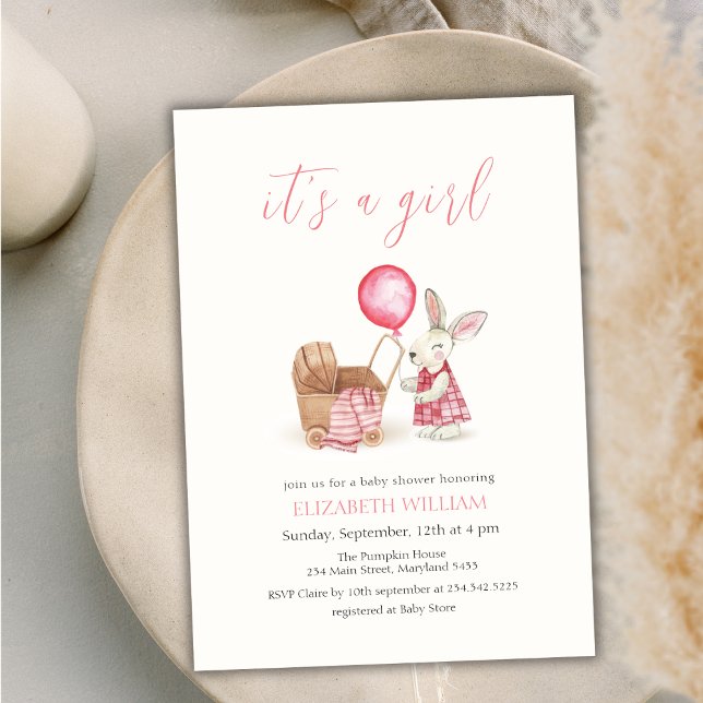 Convite Chá de fraldas de moça de Bunny Balloon (Stroller Bunny Balloon Girl Baby Shower Invitation)