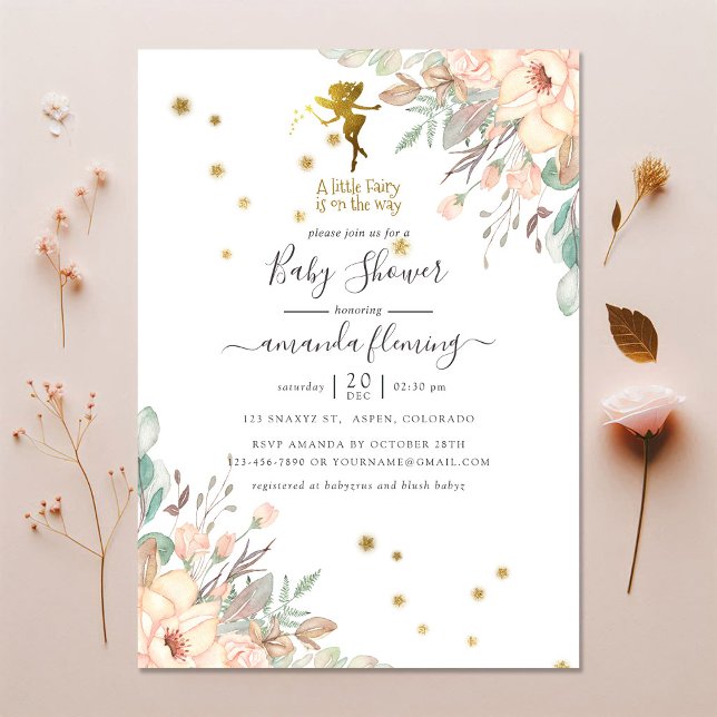 Convite Chá de fraldas de moças, com tema Fada, rosa e Dou (Pink and Gold Fairy themed Girl Baby Shower Invitation)