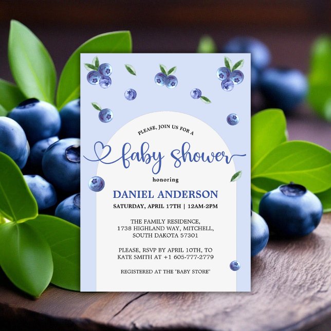 Convite Chá de fraldas de Molho de Água Doce de Blueberry (Blueberry Sweet Watercolor Boy Baby Shower Invitation)
