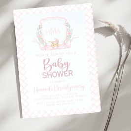 Convite Chá de fraldas de Monograma de Carruagem Bebê Rosa