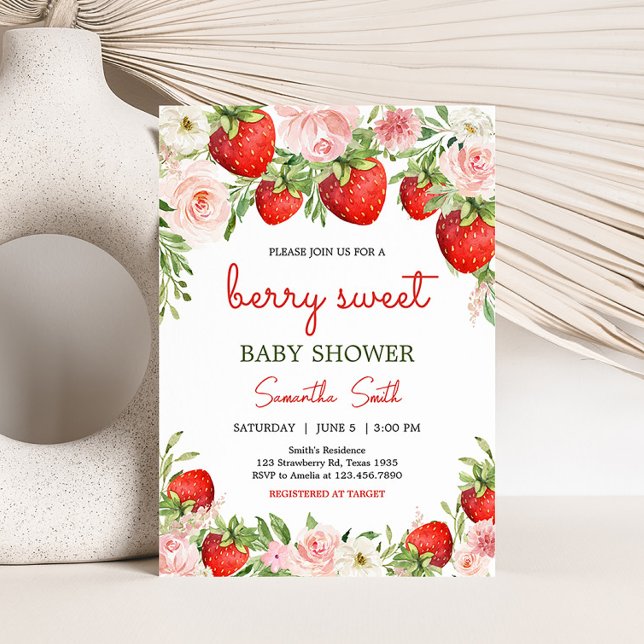 Convite Chá de fraldas de morango (Pink Floral Strawberry Baby Shower Invitation)