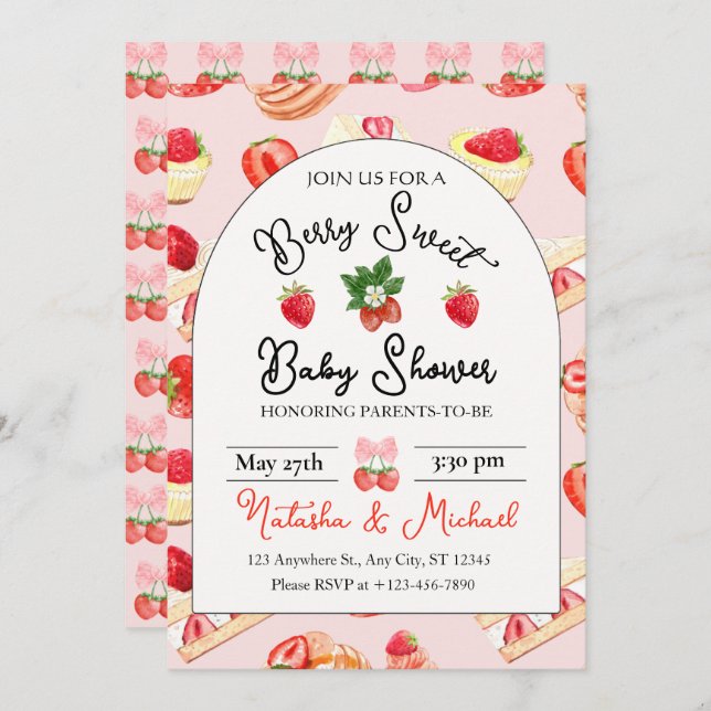Convite Chá de fraldas de morango Berry Sweet (Frente/Verso)