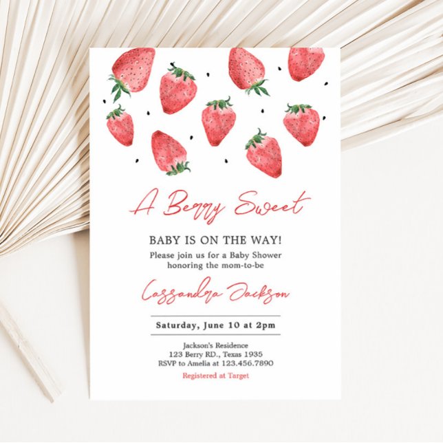 Convite Chá de fraldas de morango Berry Sweet (Red Strawberry Baby Shower Invitation)