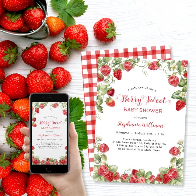 Convite Chá de fraldas de morango Berry Sweet (Berry Sweet Strawberry Baby Shower Invitation)
