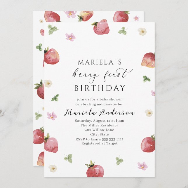 Convite Chá de fraldas de Morango de Aquarela Elegante (Frente/Verso)