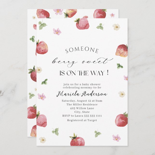 Convite Chá de fraldas de Morango de Aquarela Elegante (Frente/Verso)