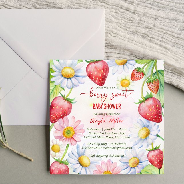 Convite Chá de fraldas de morango doce (Berry sweet summer garden daisy strawberry baby shower invitation template instant download)