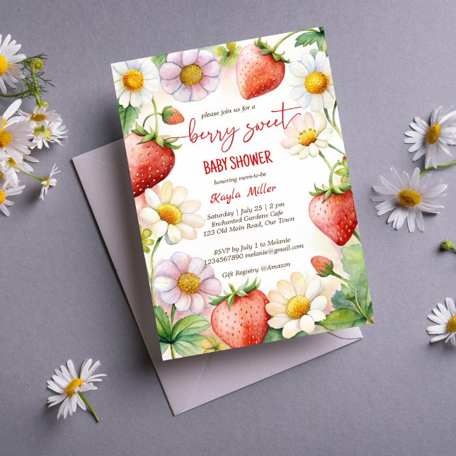 Convite Chá de fraldas de morango doce (Berry sweet summer garden strawberry baby shower invitation editable template instant download)