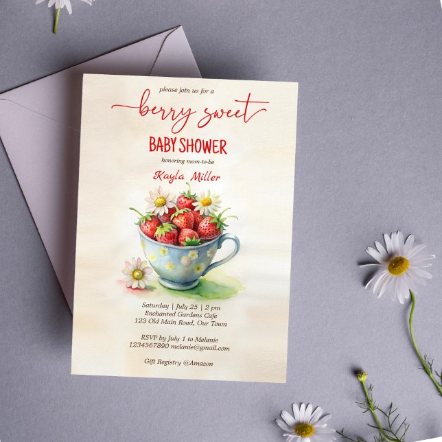 Convite Chá de fraldas de morango doce (Berry sweet strawberry baby shower invitation template cute cup with daisies and strawberries)