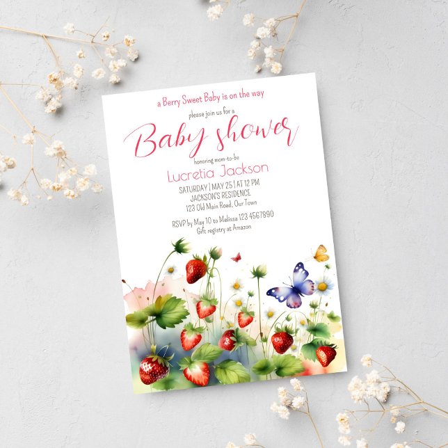 Convite Chá de fraldas de morango doce (Berry sweet strawberry baby shower template invitation instant digital download strawberry meadow)