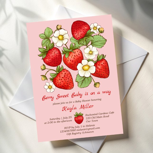 Convite Chá de fraldas de morango doce (Berry sweet strawberry baby shower invitation editable template retro strawberries cute invite)