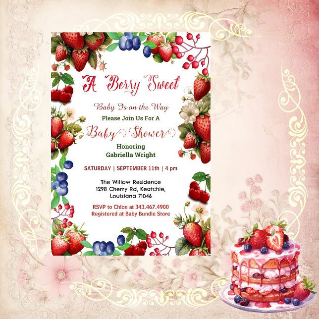 Convite Chá de fraldas de Morango Vermelho | Blue Berry Sw (Red Strawberry Baby Shower | Blue Berry Sweet Cute Invitation)