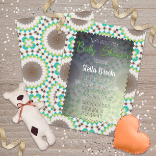Convite Chá de fraldas de mosaico verde-étnico branco-ca