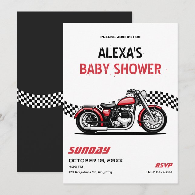 Convite Chá de fraldas de motocicleta clássico (Frente/Verso)