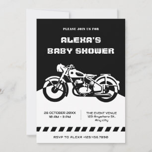 Convite Chá de fraldas de motocicleta preto-e-branco cláss