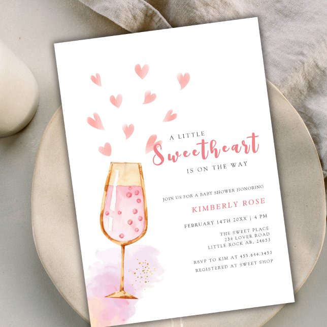 Convite Chá de fraldas de Namorados de Champanhe Sweet Ros (Pink Sweetheart Champagne Valentines Baby Shower Invitation)