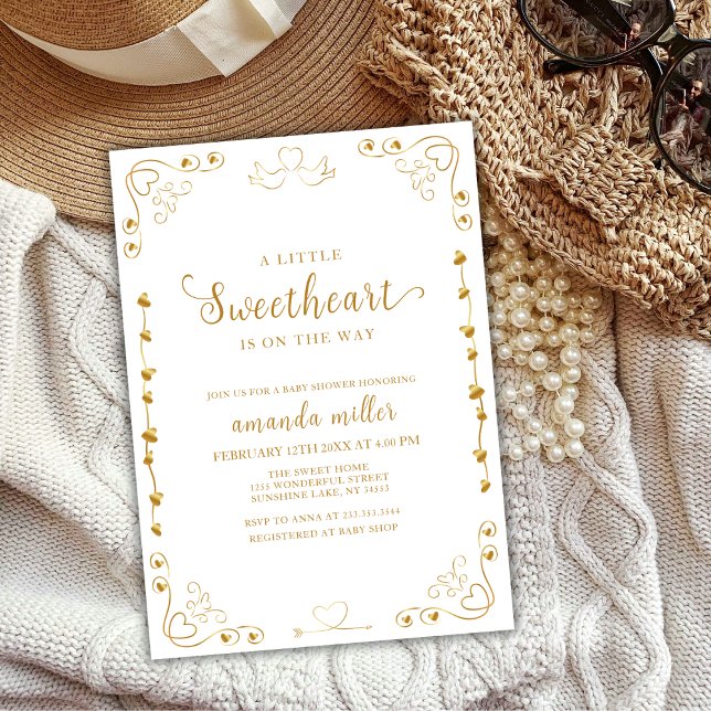 Convite Chá de fraldas de Namorados Dourado Elegante Sweet (Gold Elegant Sweetheart Valentine Baby Shower Invitation)