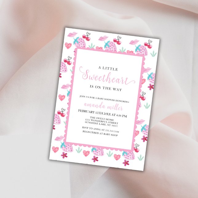 Convite Chá de fraldas de Namorados Rosa Berry Sweet (Pink Berry Sweet Sweetheart Valentine Baby Shower Invitation)