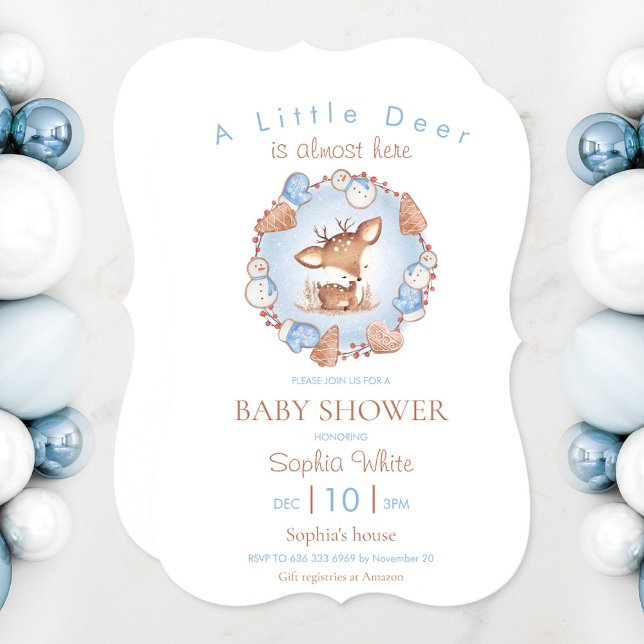 Convite Chá de fraldas de Natal (Boy Christmas shower Invitation in blue with a cute deer)