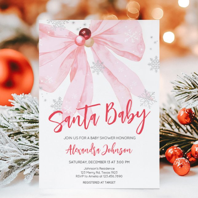 Convite Chá de fraldas de Natal de Arco rosa (Pink Bow Christmas Santa Baby Baby Shower Invitation)