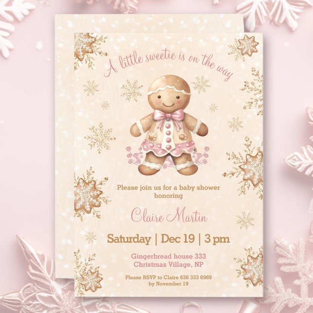 Convite Chá de fraldas de Natal do Gingerpão Pequeno Docin (Gingerbread Little Sweetie Christmas Baby Shower Invitation)