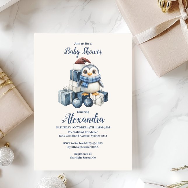 Convite Chá de fraldas de Natal do Pinguim Azul (Criador carregado)