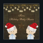 Convite Chá de fraldas de Natal dos Twin Boys<br><div class="desc">Bonito ouro clássico e Chá de fraldas de Natal de gêmeos marrons convida bebês bonitinhos com chapéus e presentes de Papai Noel, uma estrela de ouro bonito, adornos de faísca elegantes pendurados e arcos em um lindo fundo marrom. Música, diversão, na moda, convites festivos modernos com um sentimento romântico de...</div>