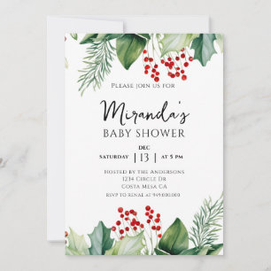 Convite Chá de fraldas de Natal Elegant Holly Berries