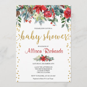 Convite Chá de fraldas de Natal floral de ouro vermelho el