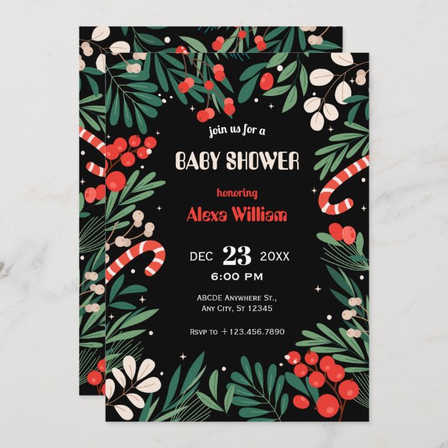 Convite Chá de fraldas de natal floral preto (Frente/Verso)