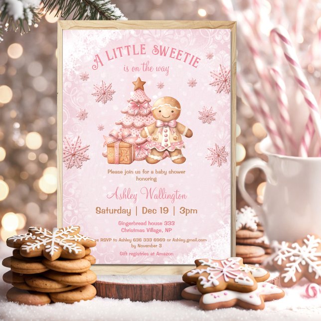 Convite Chá de fraldas de Natal Rosa (Gingerbread Man Girl Pink Christmas Baby Shower Invitation)