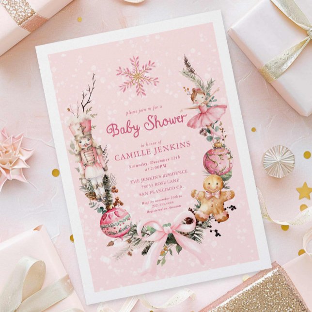 Convite Chá de fraldas de Natal rosa-claro (Pink Winter Holiday Baby Shower Invitation)