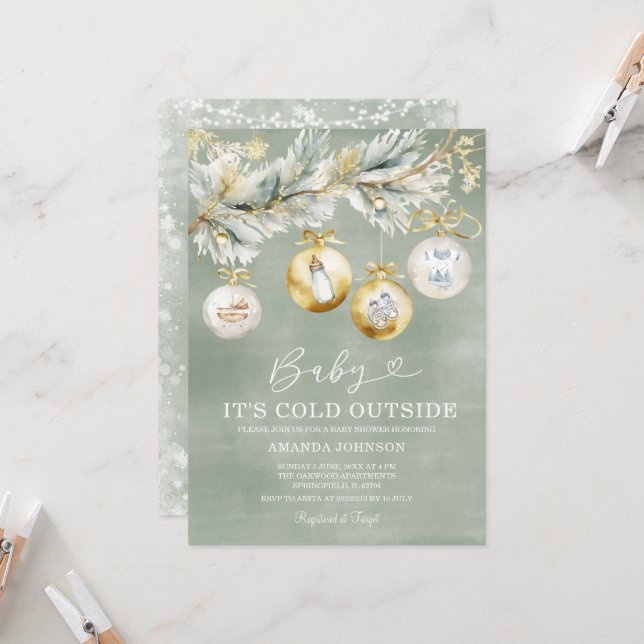 Convite Chá de fraldas de Natal Sage Frio Fora do Floco de (Frente/Verso In Situ)