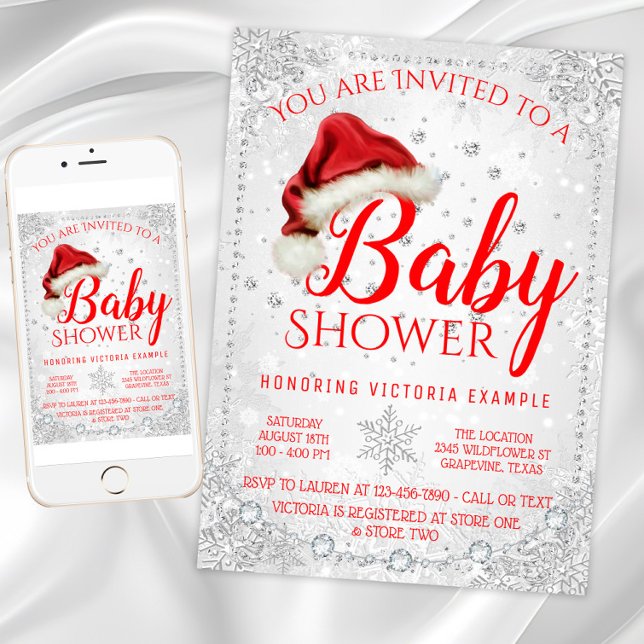 Convite Chá de fraldas de Natal Santa Hat Snowflake (Christmas baby shower invitation with Santa hat and snowflakes. Digital download and printed.)