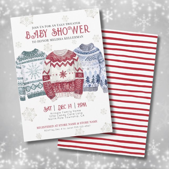Convite Chá de fraldas de Natal suave (Ugly Sweater Christmas Baby Shower Invitation)