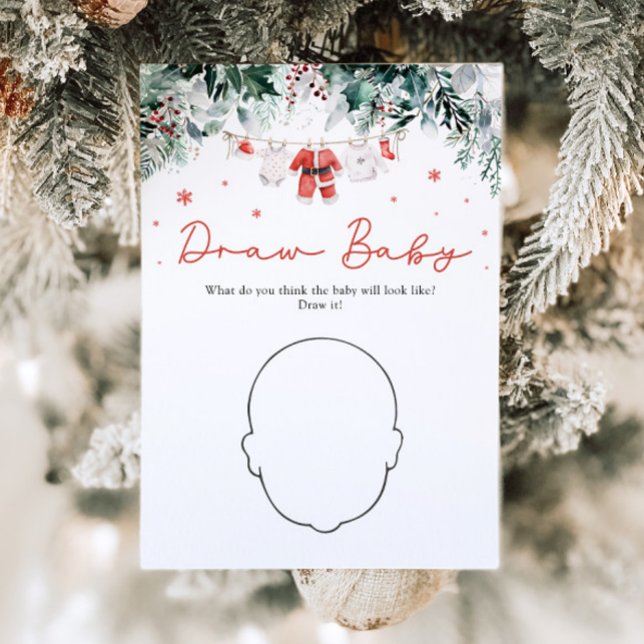 Convite Chá de fraldas de Natal Vermelho Desenhar Jogo de  (Watercolor Red Christmas Santa Baby Shower Draw Baby Game)