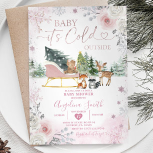 Convite Chá de fraldas de neve rosa-rosa com floco de neve