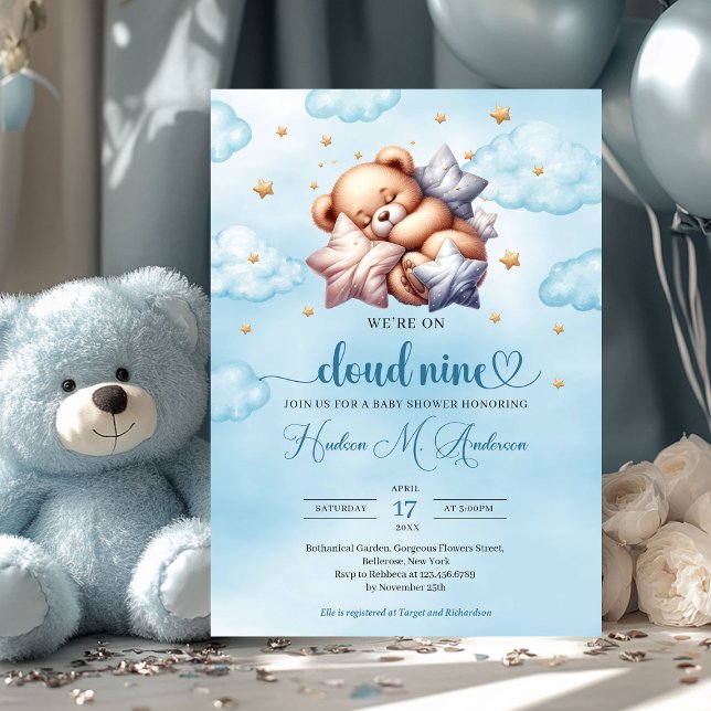Convite Chá de fraldas de névoa de ursinho 9 (cloud nine - sleeping teddy bear blue and gold boy baby shower invitation)